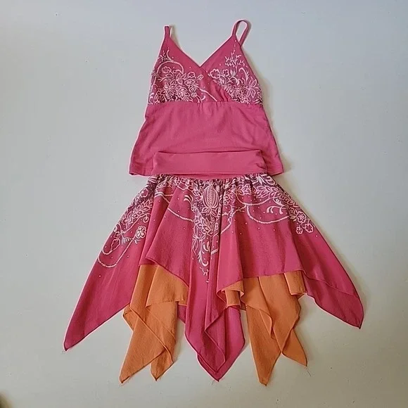 Sister Sam Hank Hem Skirt Cami Set 2 Piece Mixed Media Fairy Flowy Gypsy Party - Picture 2 of 16